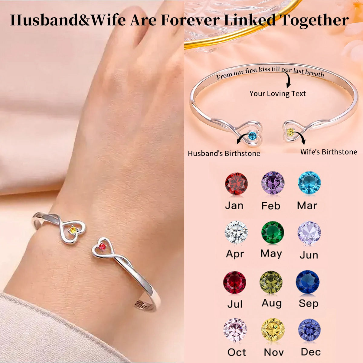 For Women - I Love You Forever And Always Personalized Birthstones Bracelet