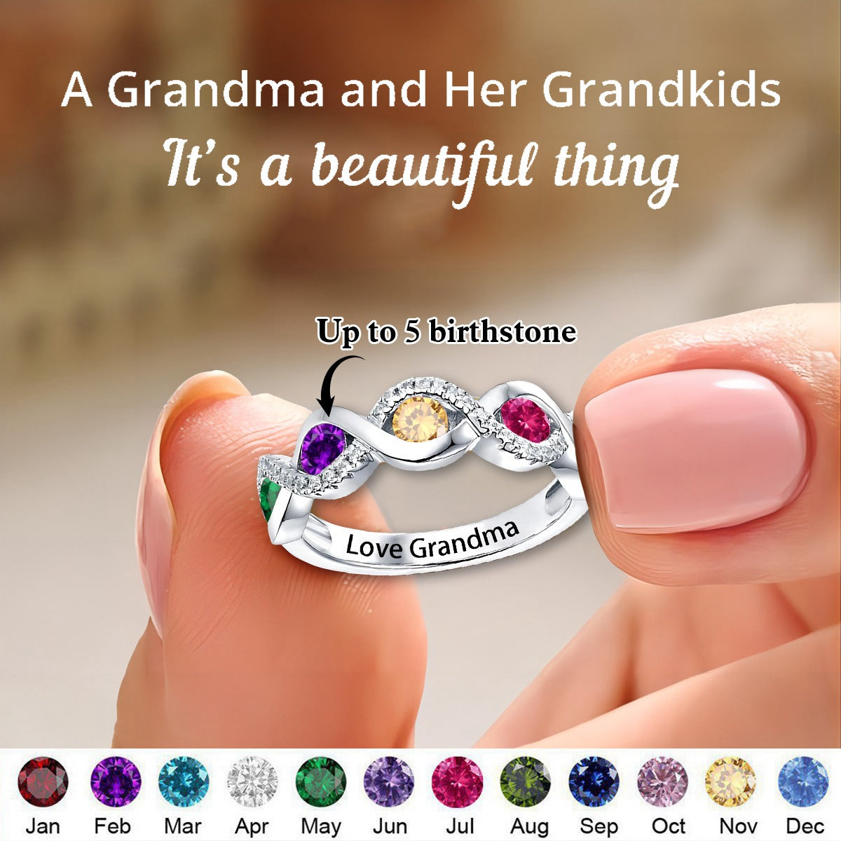 Personalized Grandma Mom Family 1-5 Birthstones Silver Ring - Gift For Christmas