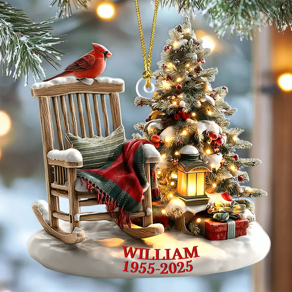 Personalized Cardinals & Rocking Chair Acrylic Memory Ornament