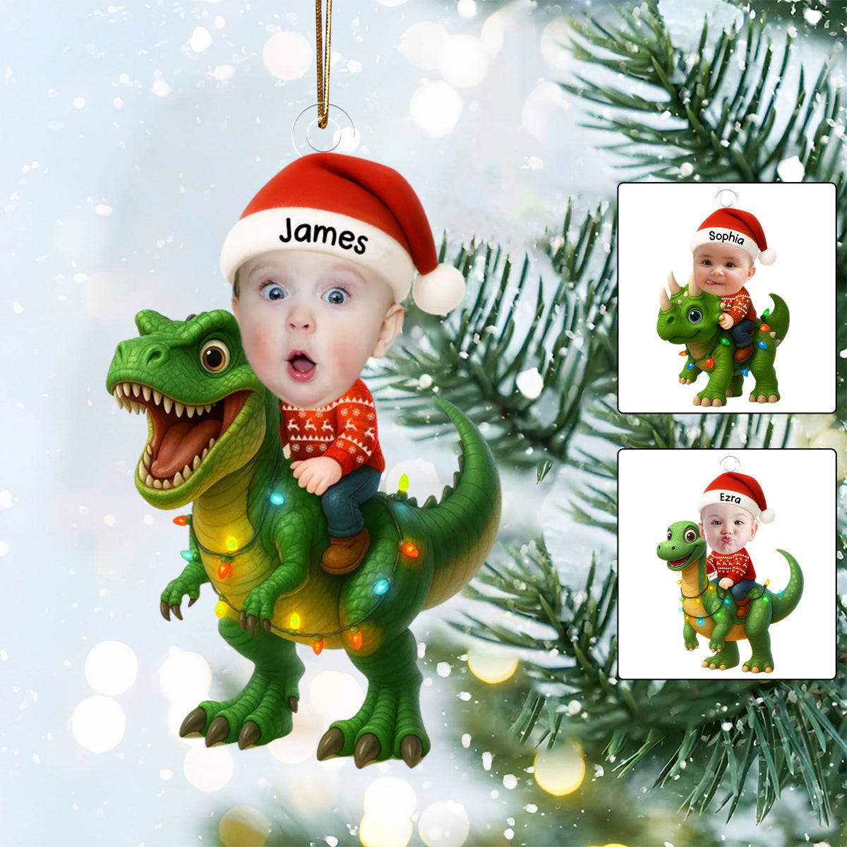 Personalized Cute Kid Rides The Dinosaur Kid Photo Ornament