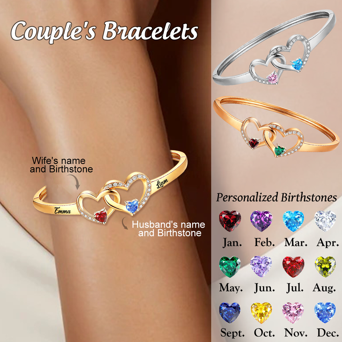 Together Forever -Personalized Heart Couple Birthstone Bracelet
