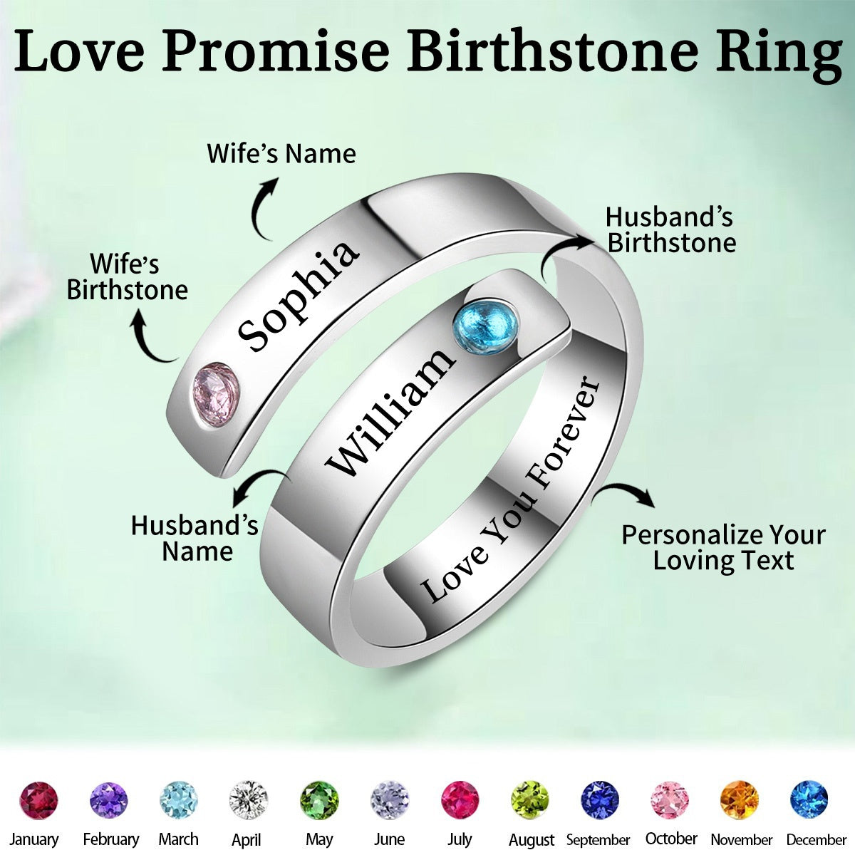 Personalized Name Birthstone Love Promise Adjustable Ring