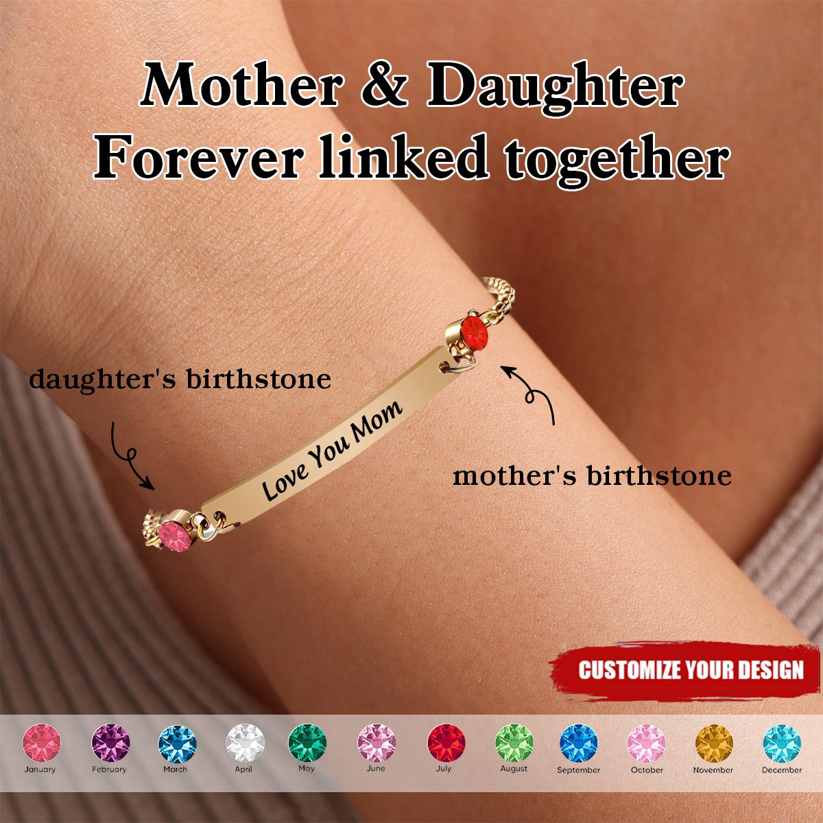 Personalized Mother & Daughter Forever Linked Together Custom Any Text Birthstones Bracelet