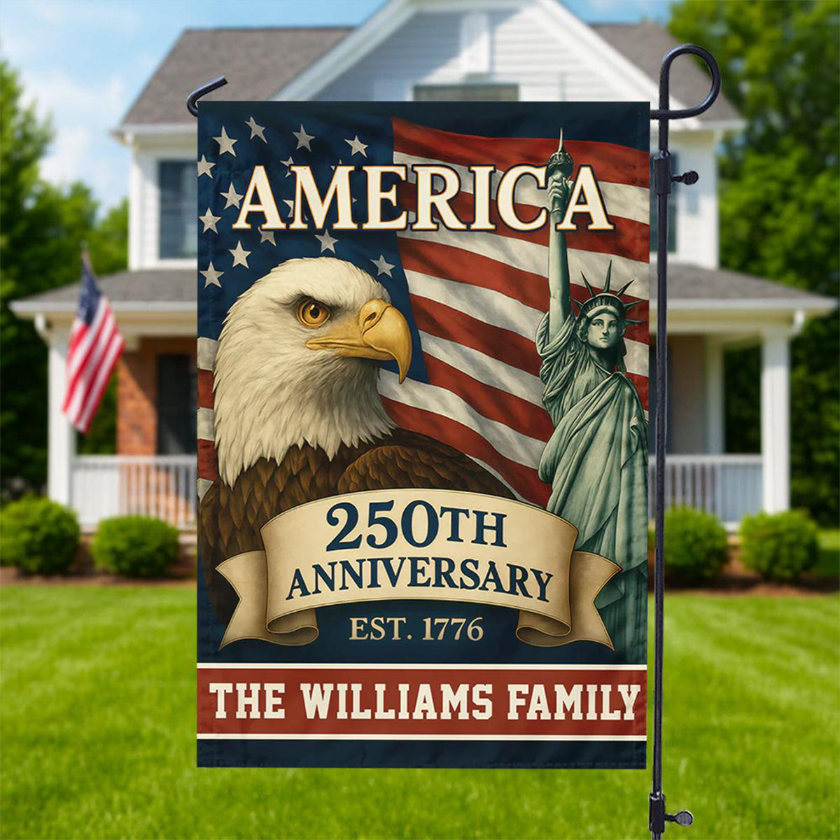 Personalized Family Name Celebrate America 250th Anniversary Garden Flag