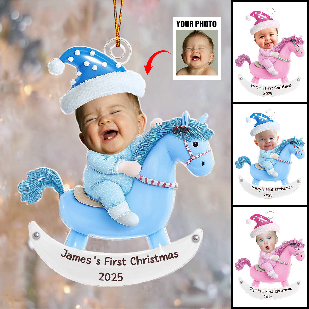 Baby's 1st Christmas On A Rocking Horse, Custom Photo Acrylic Ornament