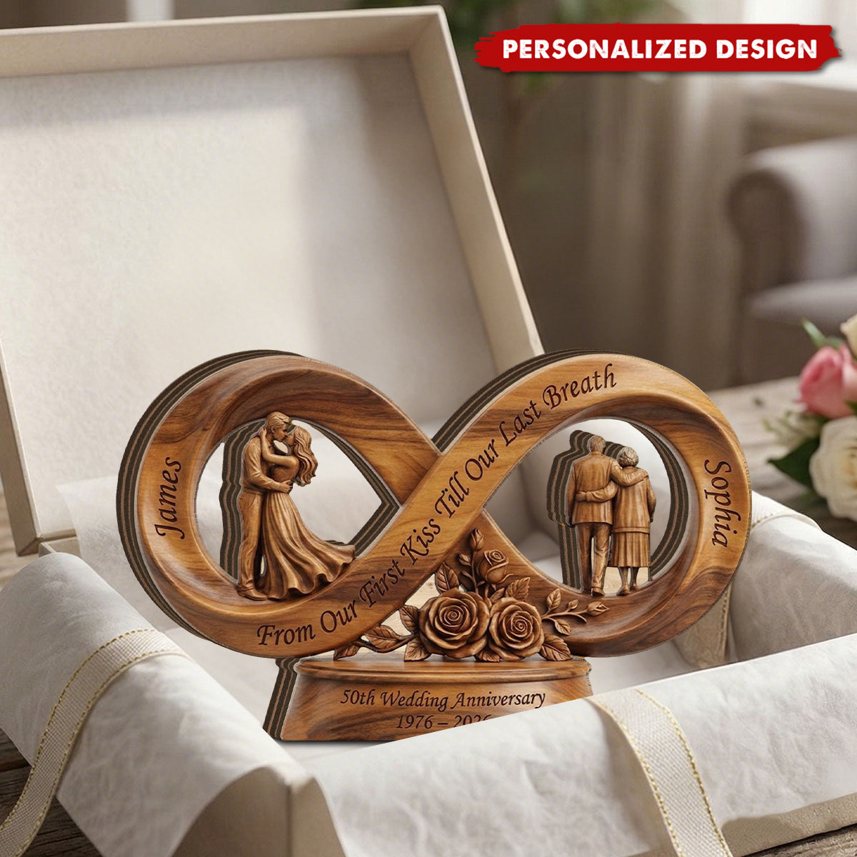 Personalized Couple Roses Anniversary Wooden Plaque
