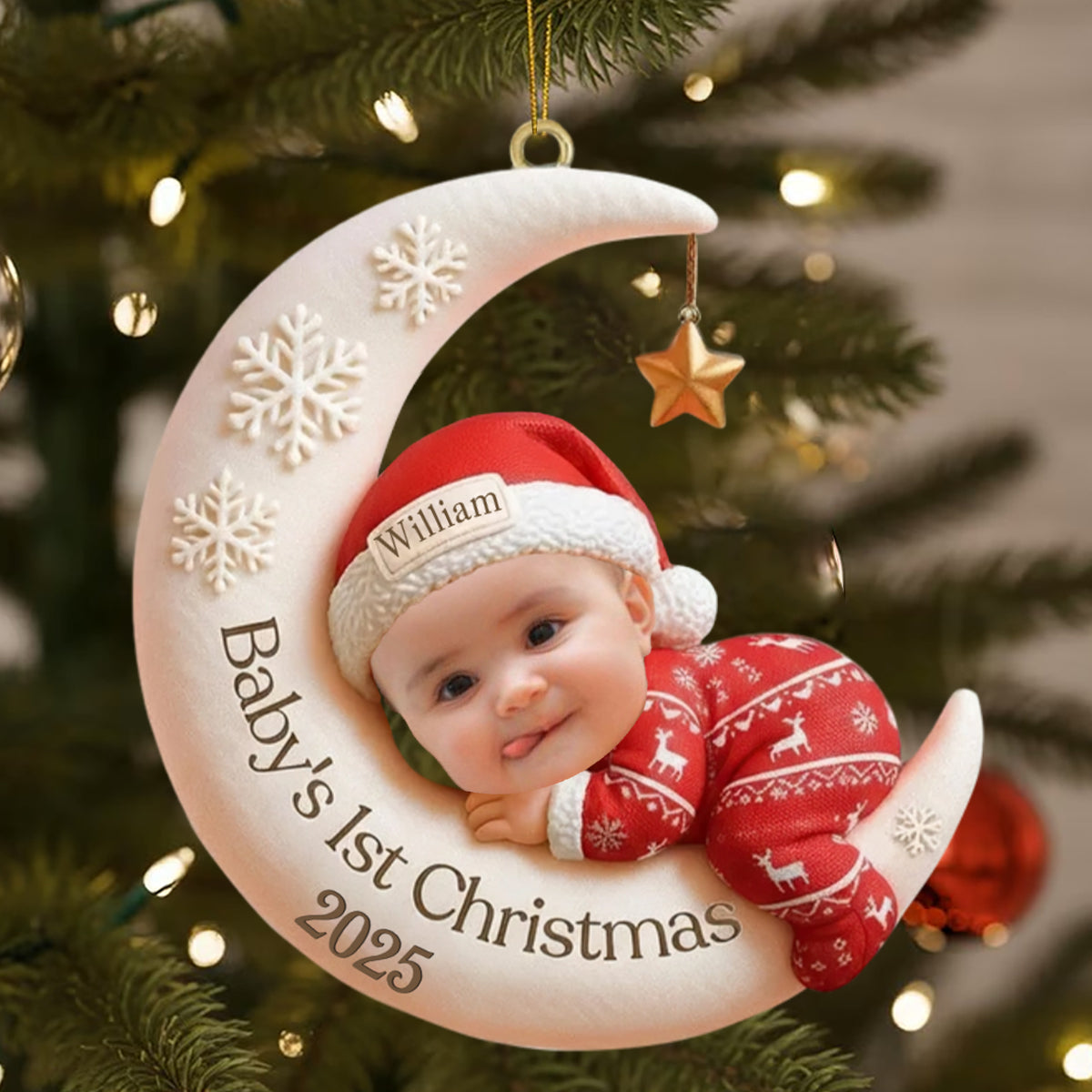 Baby First Christmas Ornament, Custom Moon Sleeping Acrylic Keepsake
