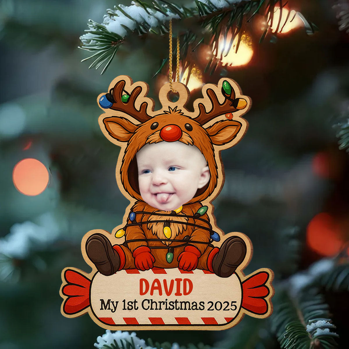 Baby In Reindeer Costume, Personalized Photo Christmas Wood Ornament