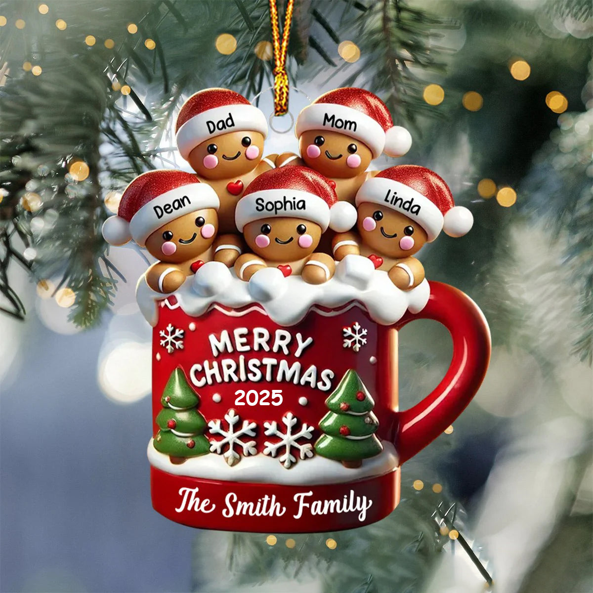 Gingerbread Family In Hot Cocoa Christmas Decor Personalized Acrylic Ornament