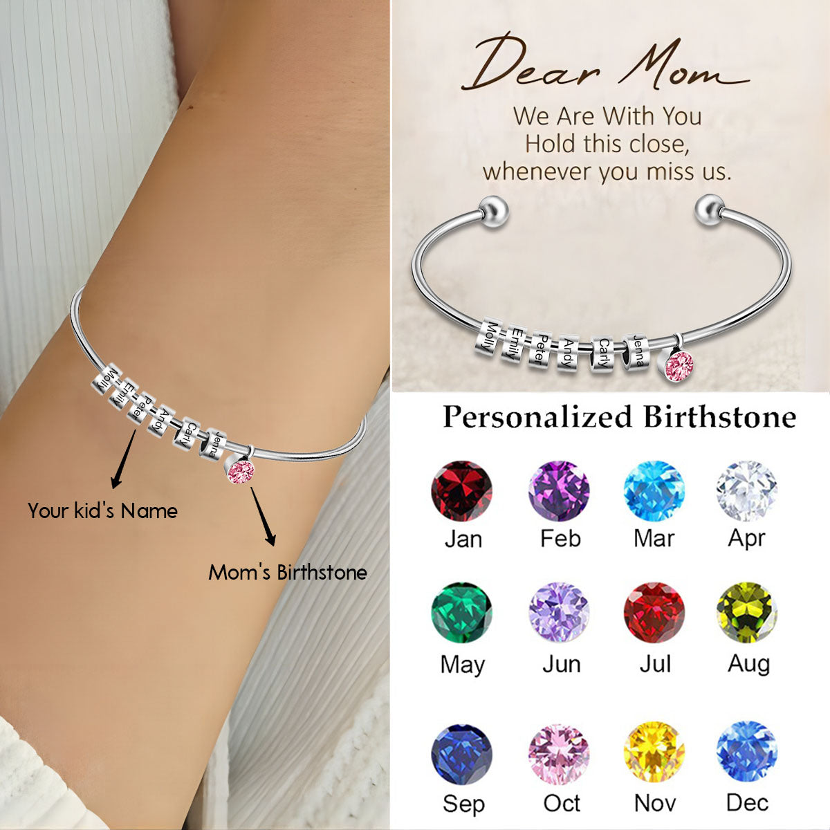 Personalized 1-8 Kids' Names Grandma/Mom Birthstone Family Bracelet