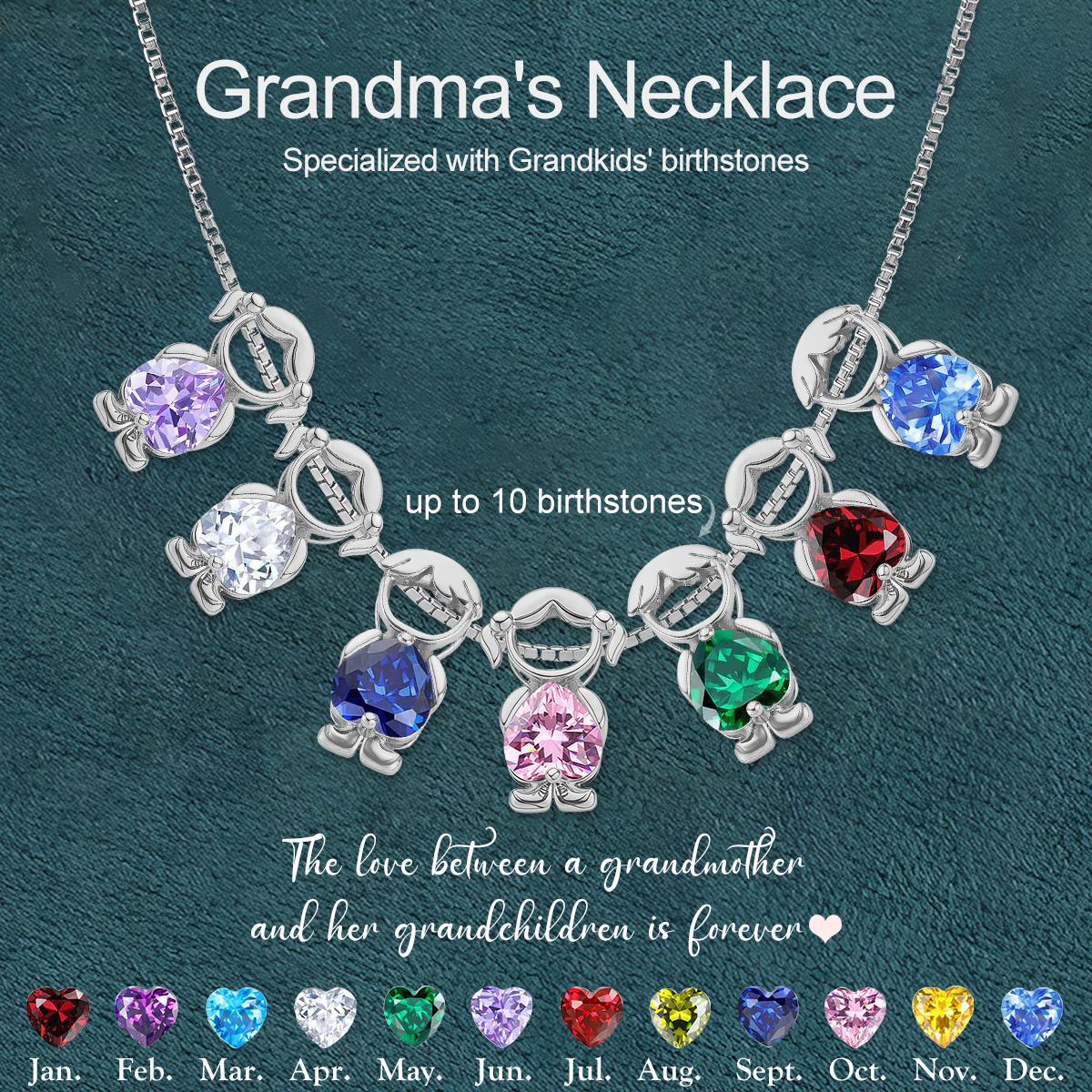 Personalized Kids Heart Birthstone Necklace, Gift For Mom Grandma