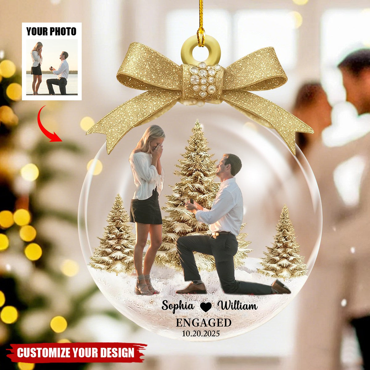 Personalized Engaged Ornament, Custom Proposal Photo Couples Gift