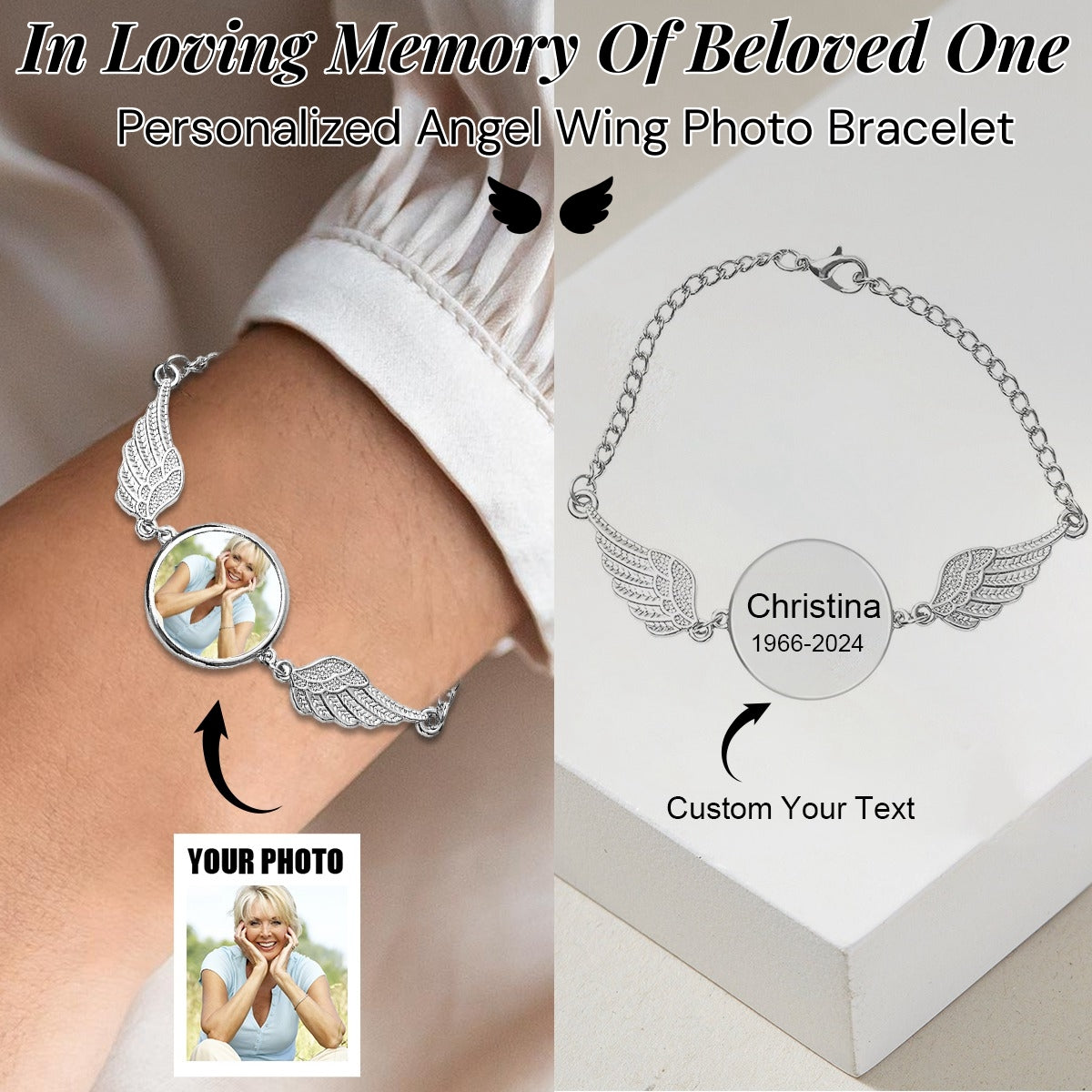 Personalized Round Custom Pictures Angel Wings Bracelet - Gift For Christmas