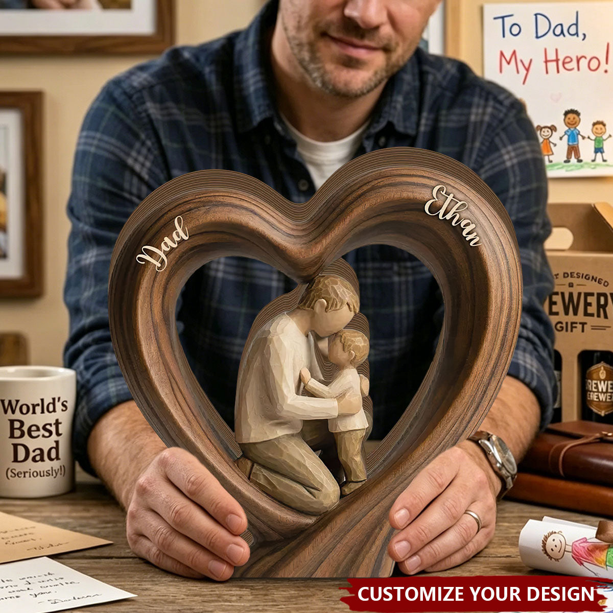 Personalized Father's Day Wooden Heart Block - Custom Name Wood Family Gift