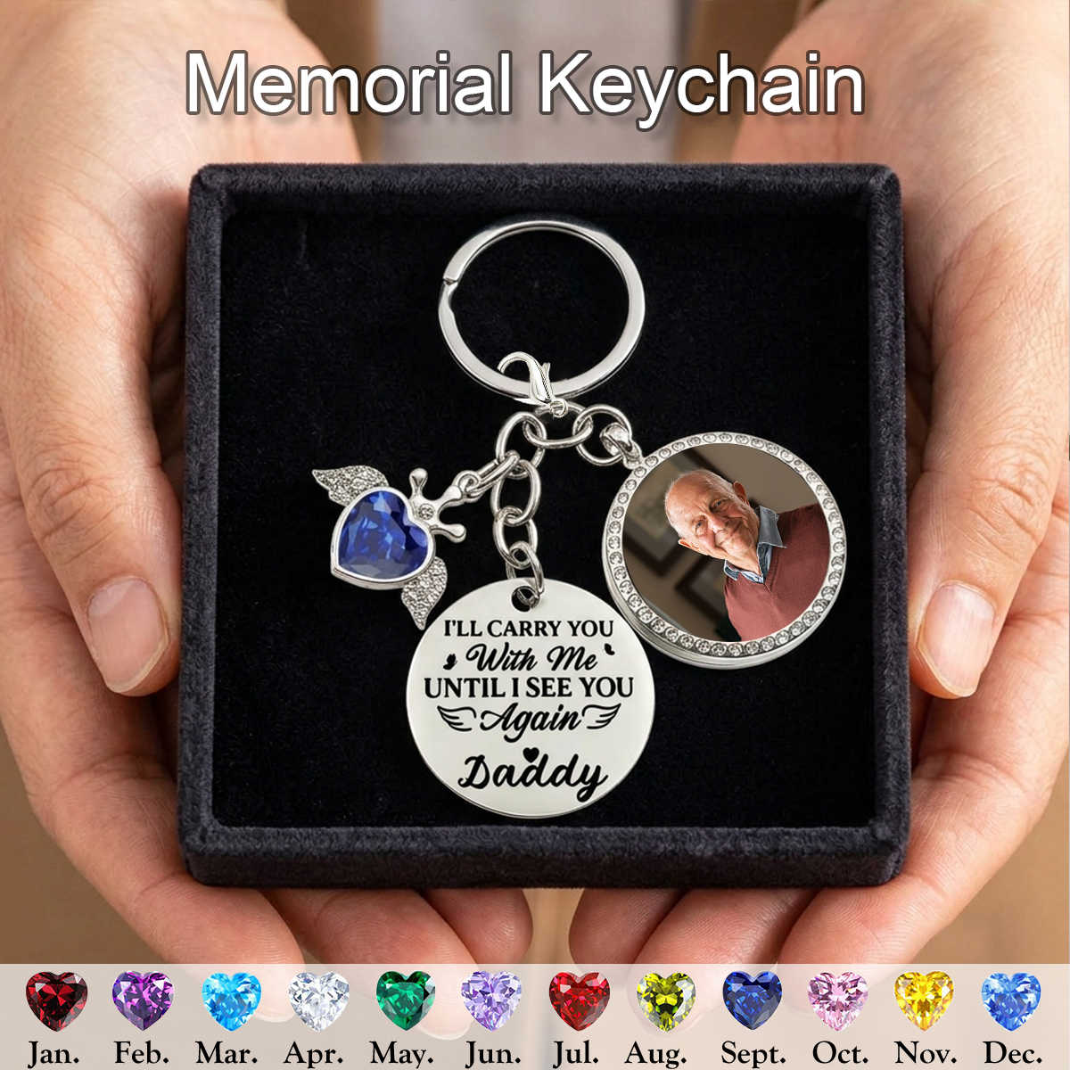 Personalized Memorial Photo Keychain With Birthstone, Custom Name Remembrance Gift