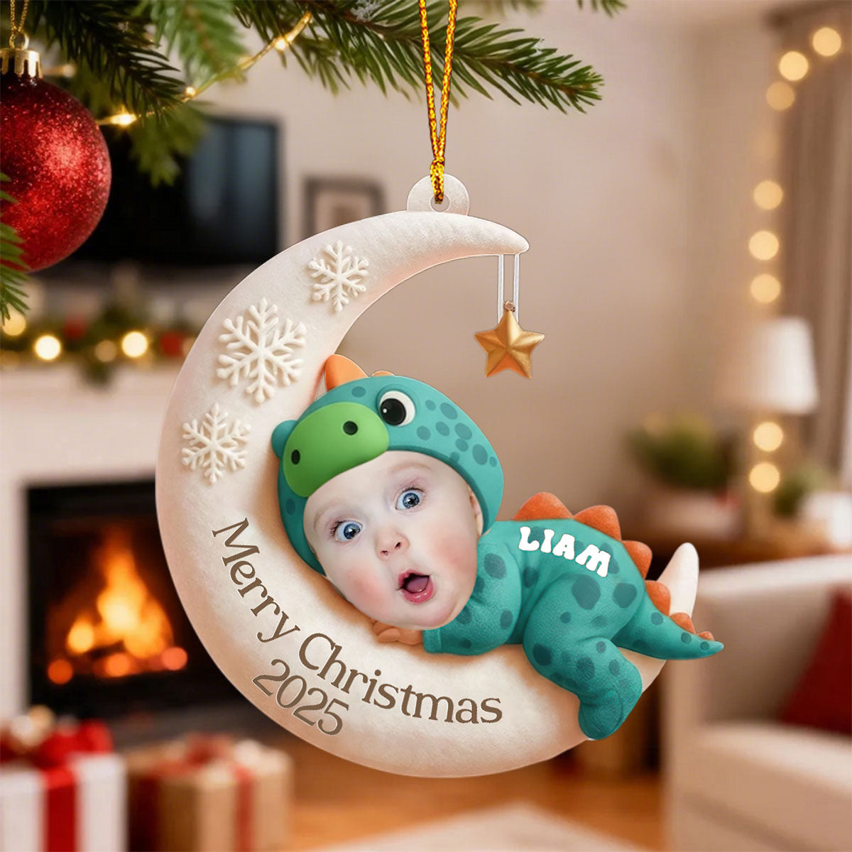 Merry Christmas Moon Keepsake - Personalized Baby's Photo Ornament