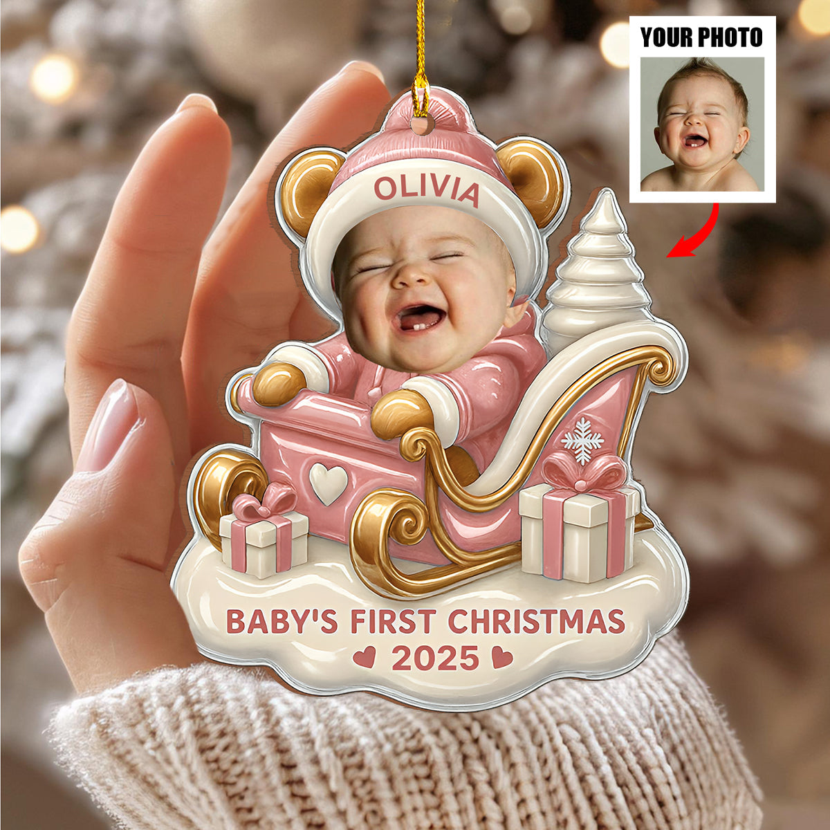 Baby's First Christmas Teddy Bear On Sleigh, Custom Wood Ornament