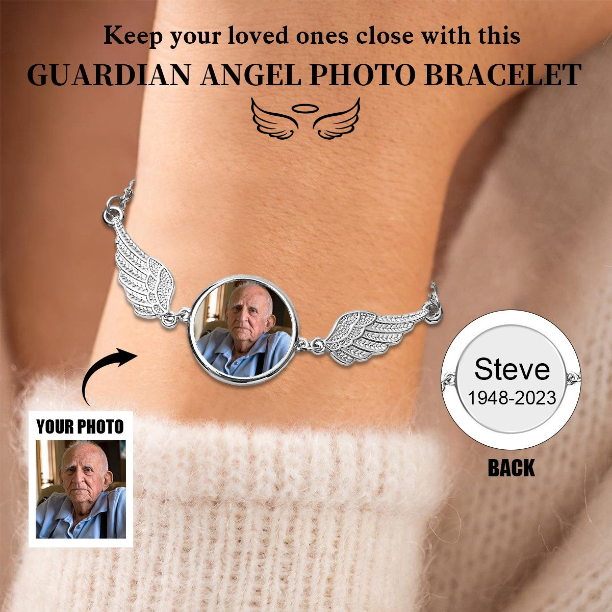 Personalized Round Custom Pictures Angel Wings Bracelet - Gift For Christmas
