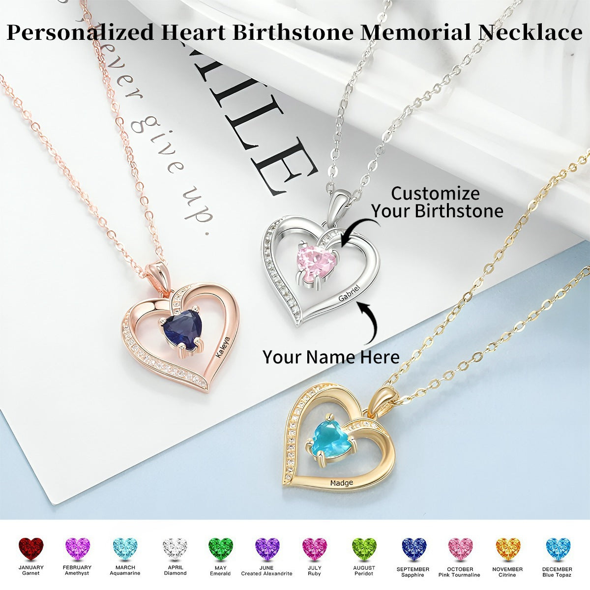 Personalized Custom Birthstone Heart Memorial Necklace
