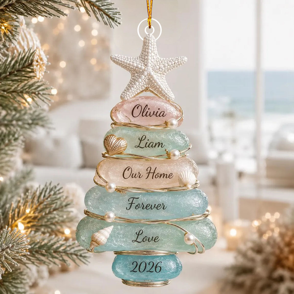 Personalized Sea Glass Christmas Tree Ornament, Custom Family Names Gift