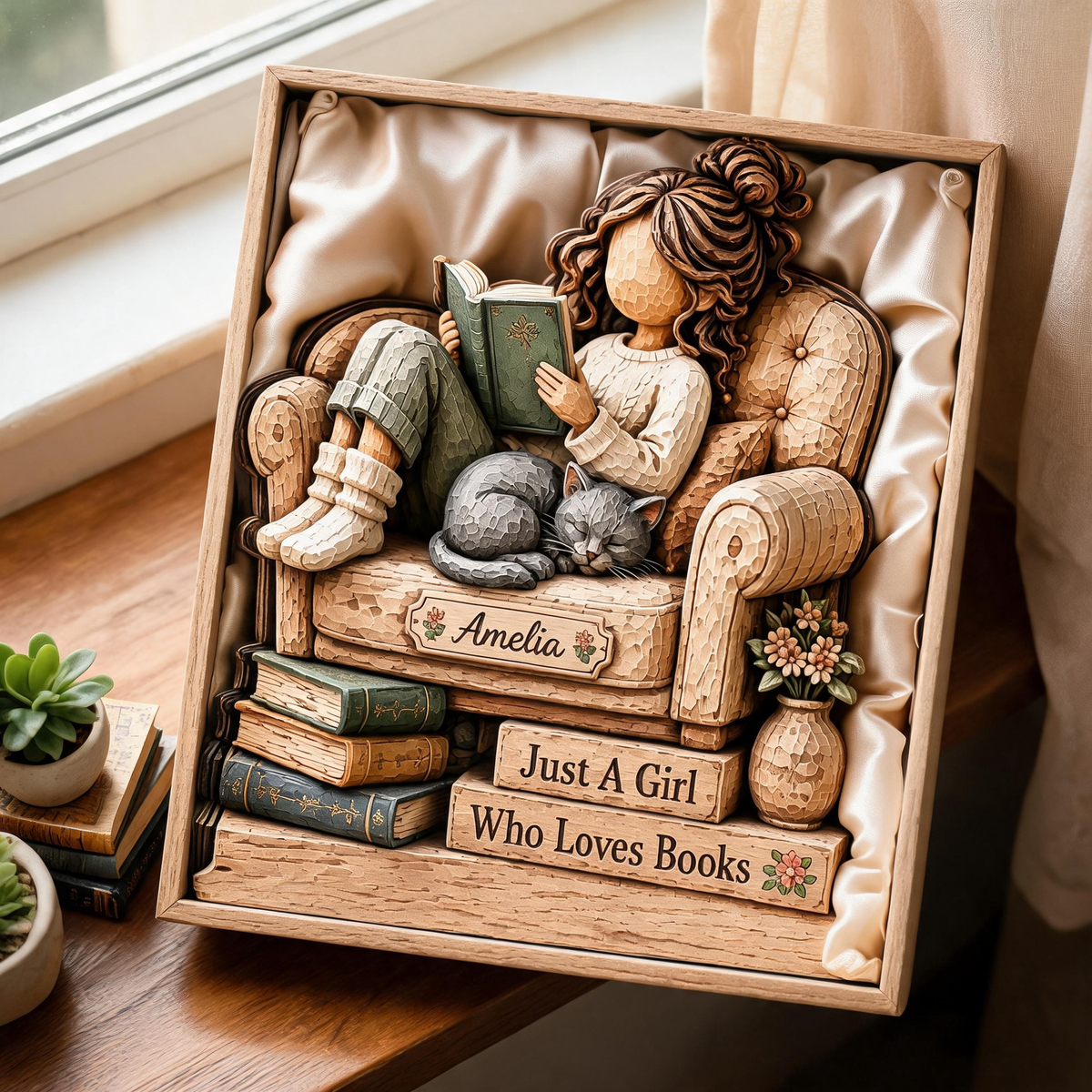 Personalized Book Lover Wooden Block, Custom Just A Girl Who Loves Books Figurine