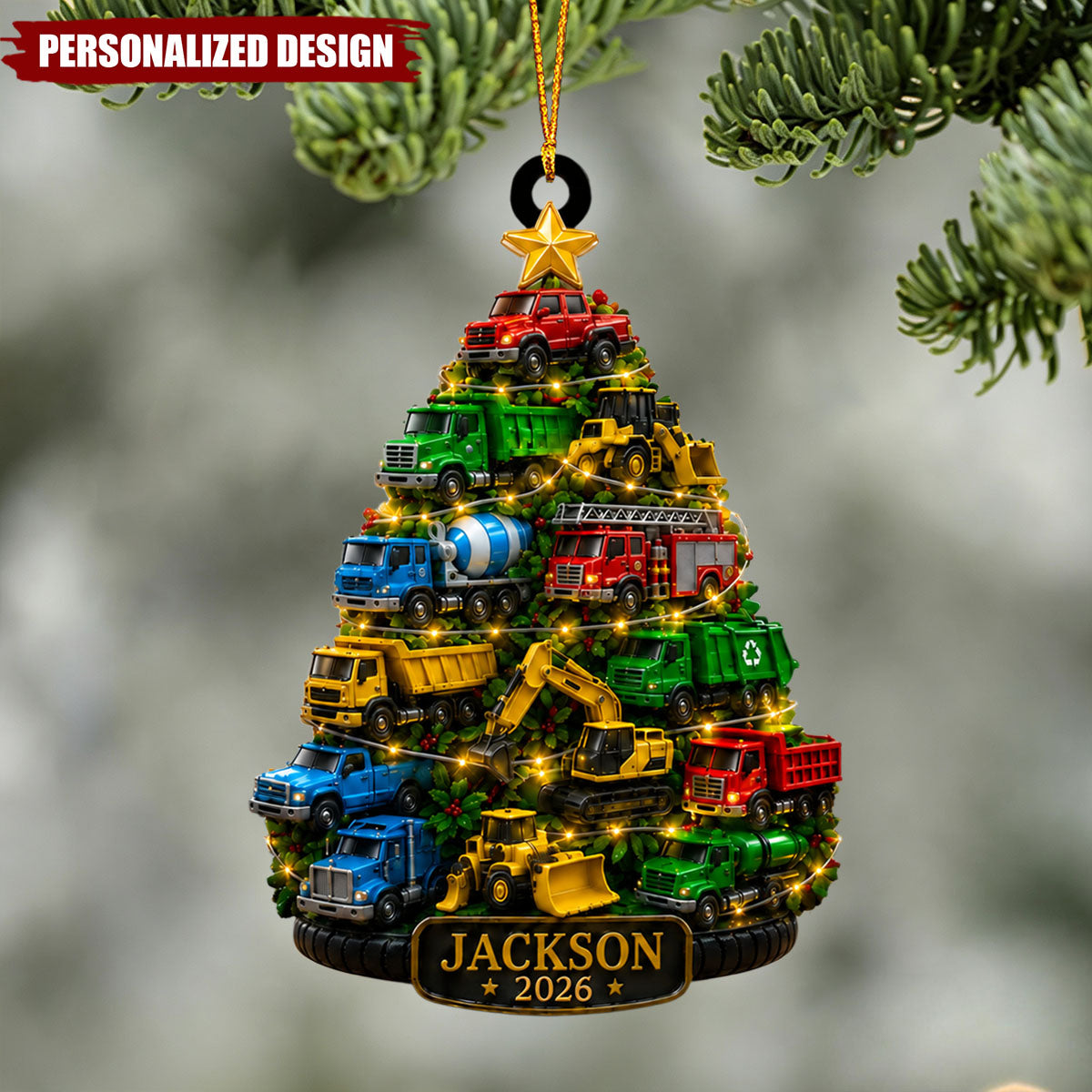Construction Truck Christmas Decor - Personalized Name Kid Ornament