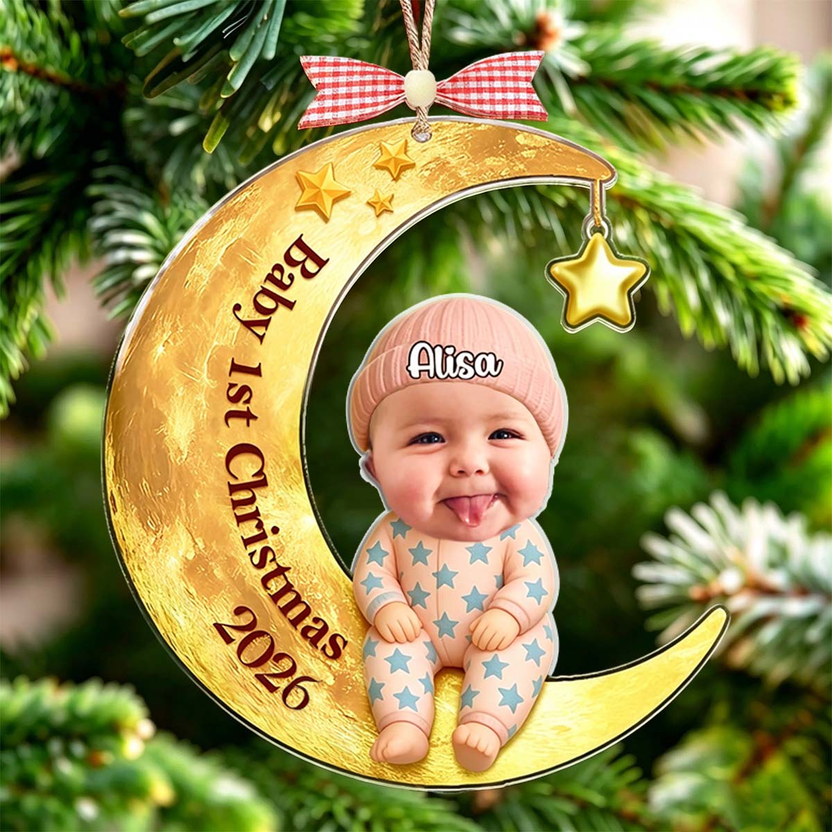 Baby's First Christmas Moon Ornament – Personalized Photo, Name & Year Gift