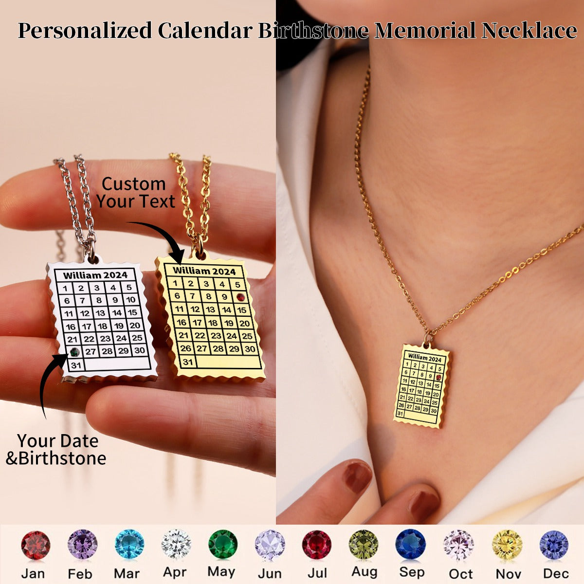 Personalized Birthstone Name Memorial Calendar Necklace