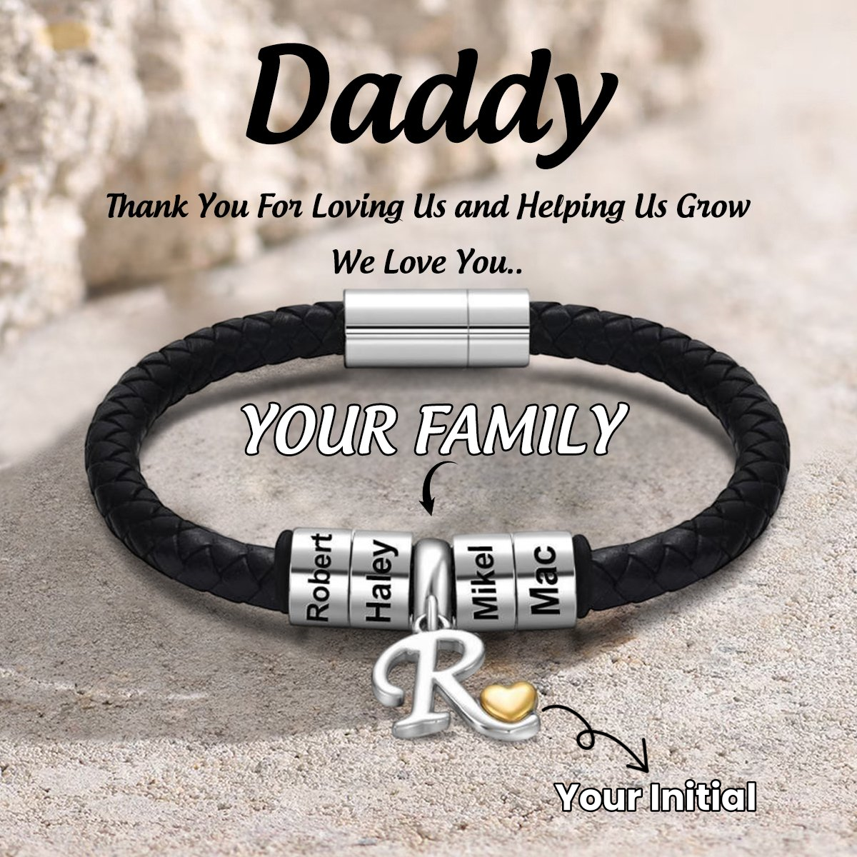 Personalized 1-6 Kids Names Family Initial Leather Bracelet - Gift For Dad/Grandpa