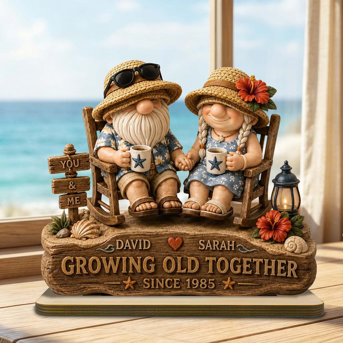 Growing Old Together - Personalized Beach Couple Wooden Plaque