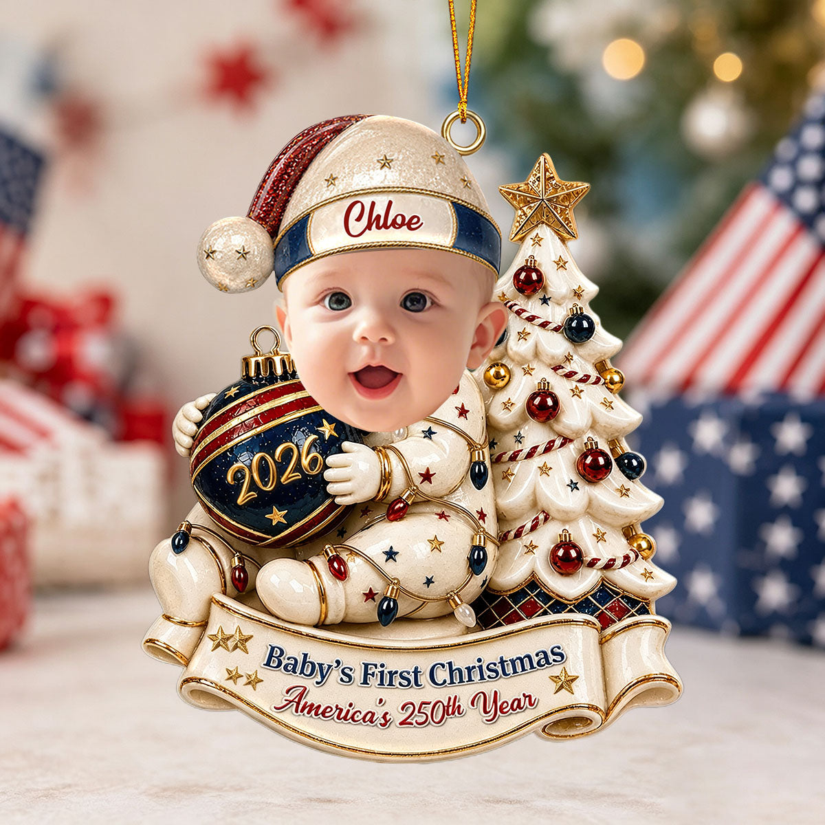 Personalized Baby's First Christmas Photo Ornament, Patriotic Parent Newborn Gift