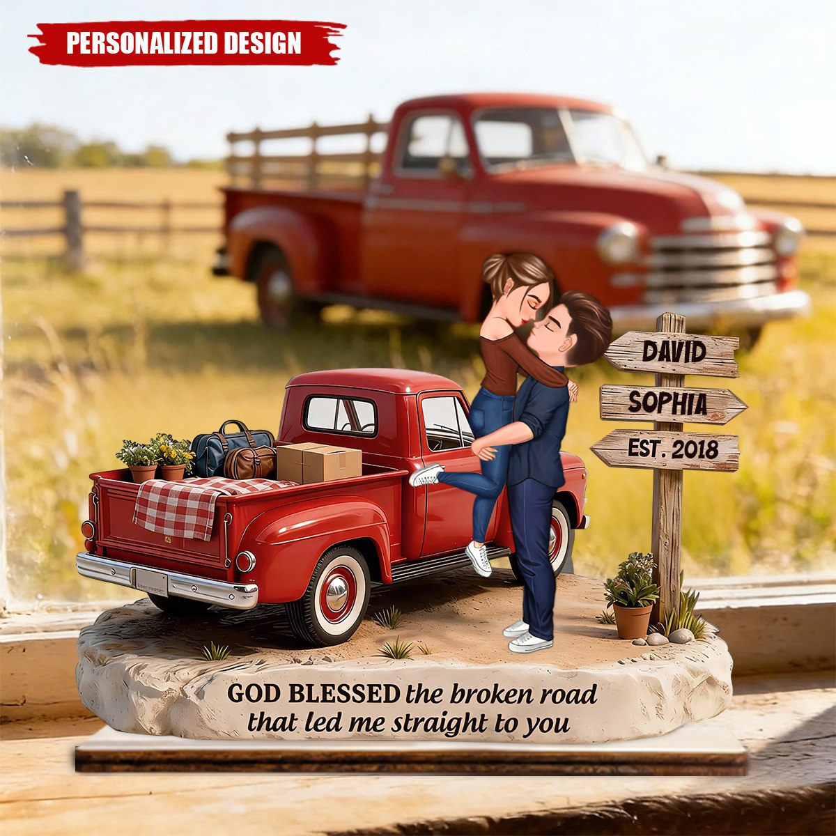 Romantic Couple Pickup Truck Sign Post - Personalized Wooden Plaque