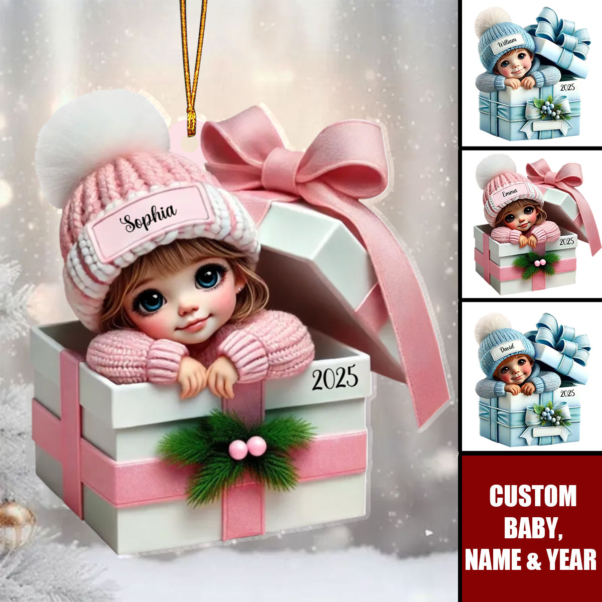Kid Boy Girl Inside Gift Box Personalized Acrylic Ornament