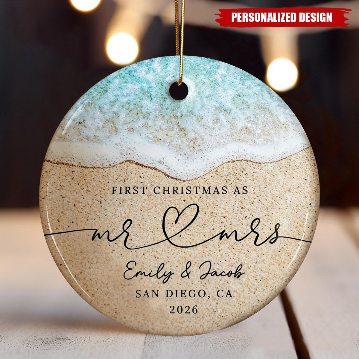 Personalized Beach Wedding Round Ceramic Ornament