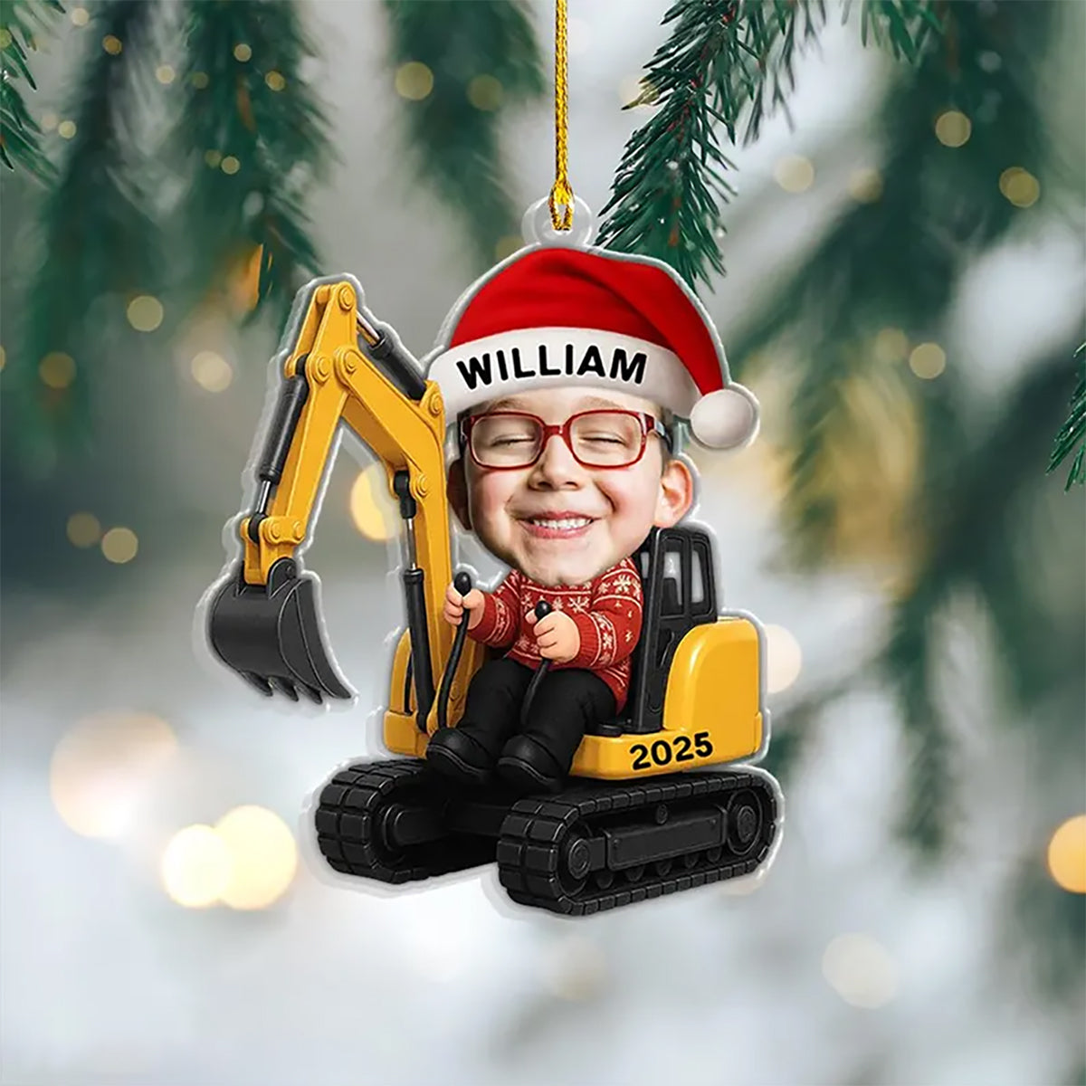 Personalized Excavator Construction Ornament, Christmas Gift For Kids