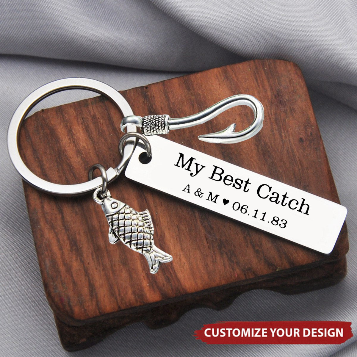 Personalize Initials and Date My Best Catch Keychain - Husband Boyfriend Fishing Gift