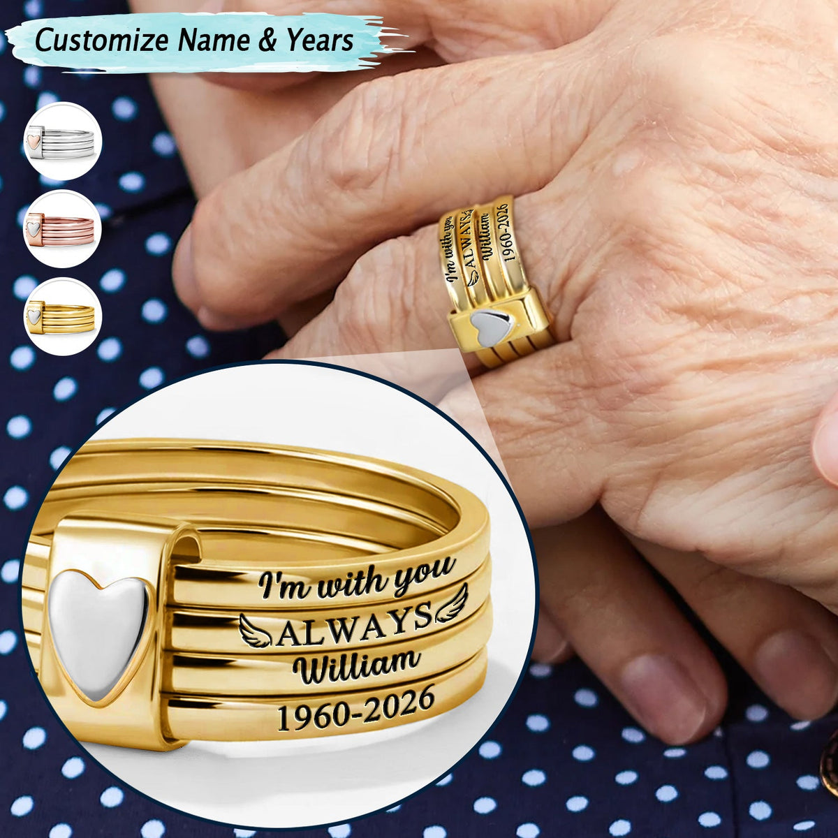 Memorial I'm With You Always - Personalized Heart Stacking Rings