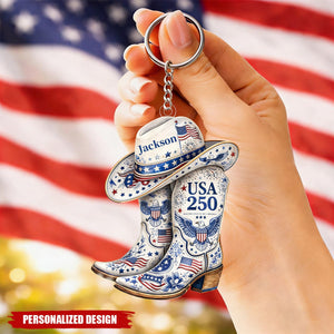 Custom Name USA 250 Anniversary Patriotic Cowboy Boots Keychain