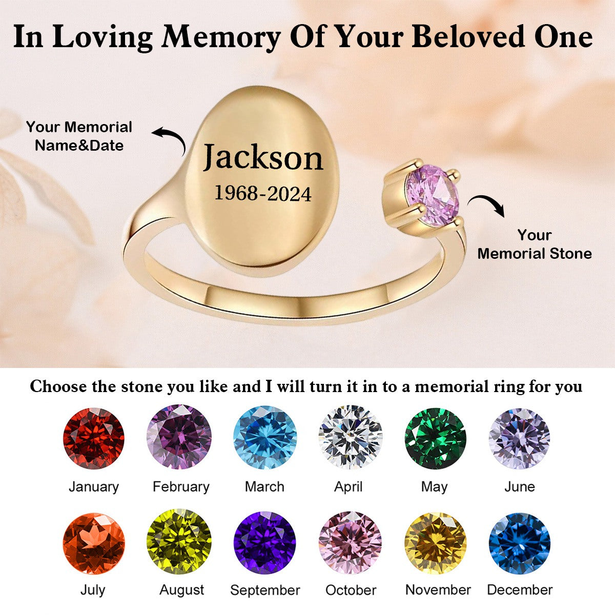 Personalized Name Birthstone Memorial Adjustable Ring