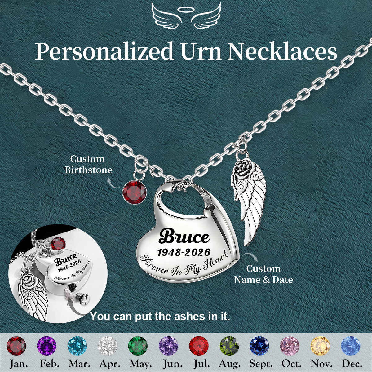 Personalized Urn Necklaces for Ashes with Birthstone