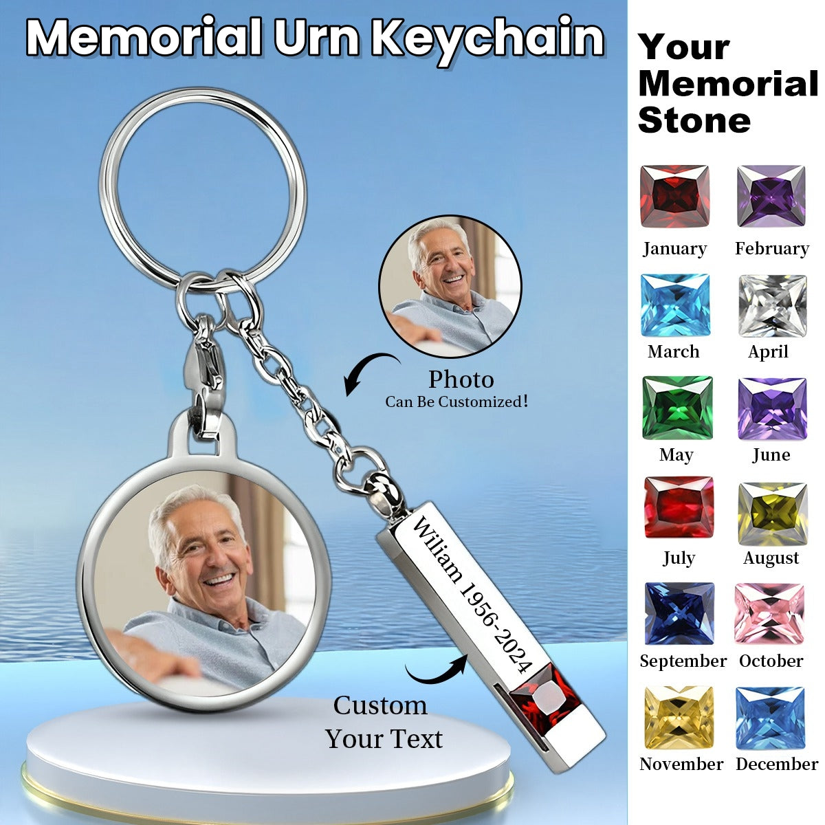 In Loving Memory - Personalized Memorial Birthstone Photo Urn Keychain