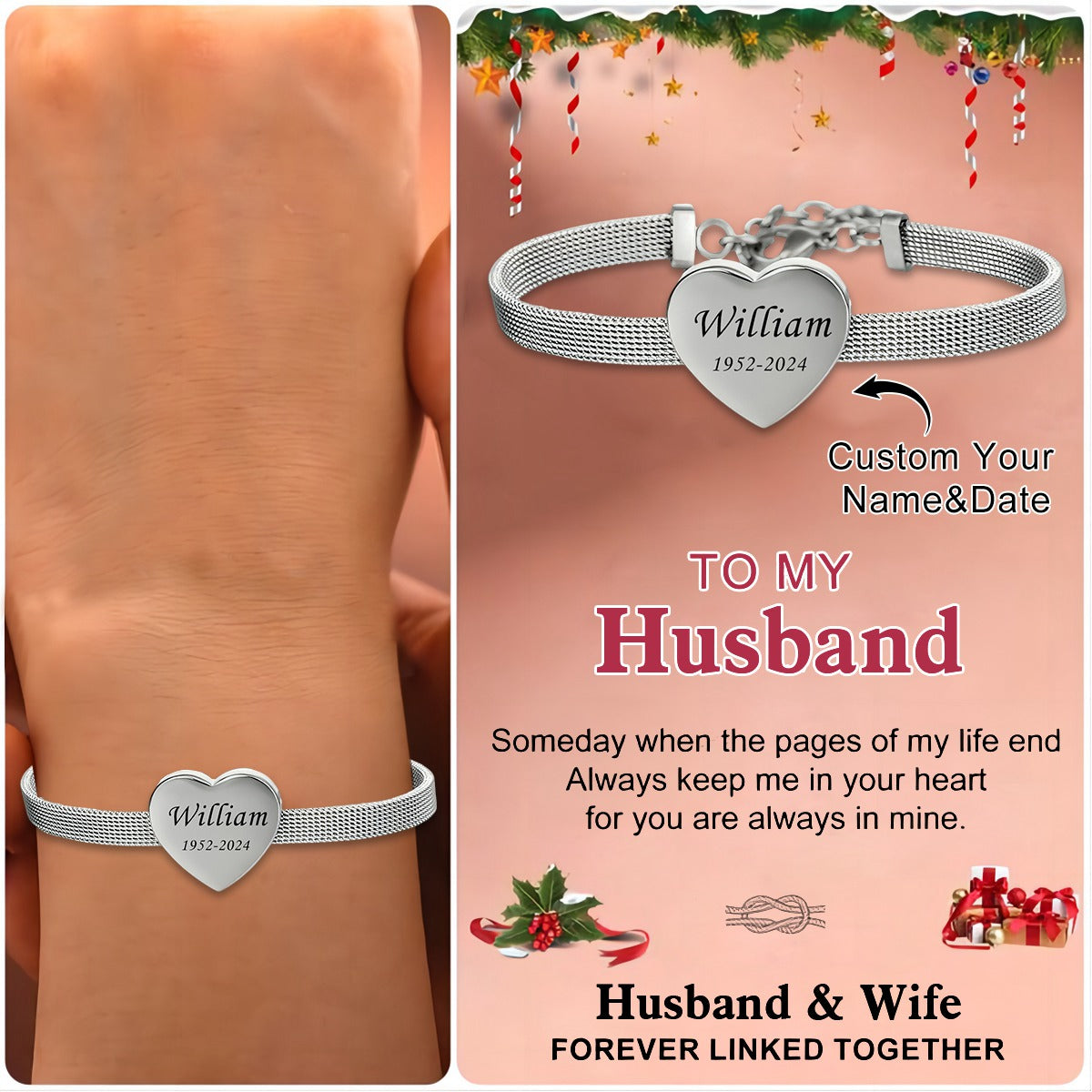 Personalized Custom Engraved Name&Date Heart Bracelet - Gift For Christmas