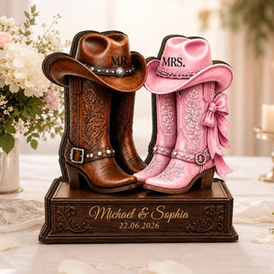Personalized Cowboy Boots Newlywed Wooden Block Gift For Couples
