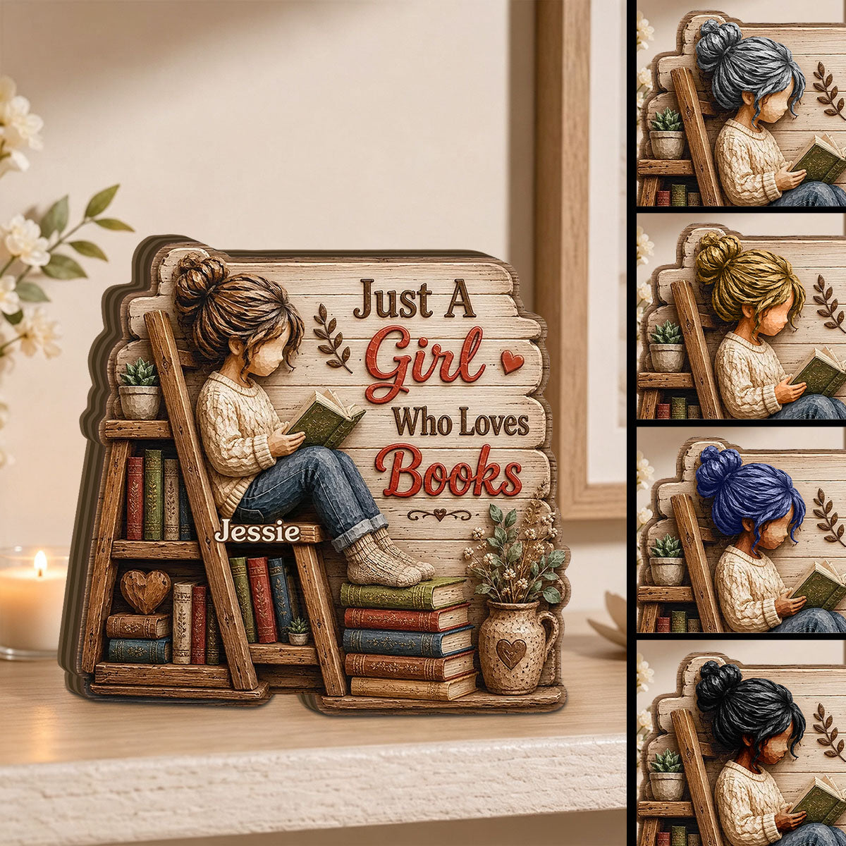 Just A Girl Who Loves Books Wooden Plaque, Reading Girl Bookshelf Decor
