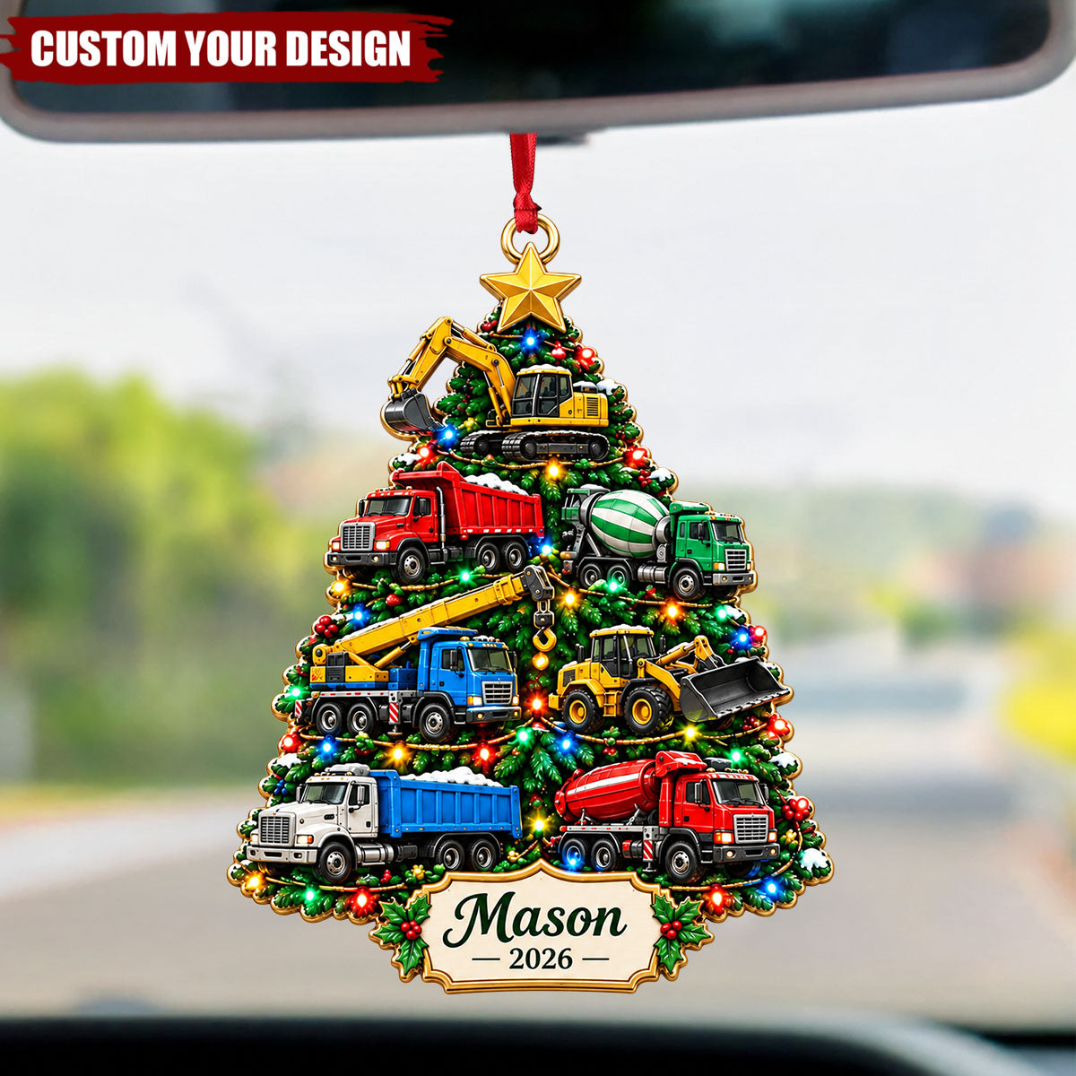 Personalized Truck Christmas Ornament, Custom Name Construction Vehicle Kids Gift