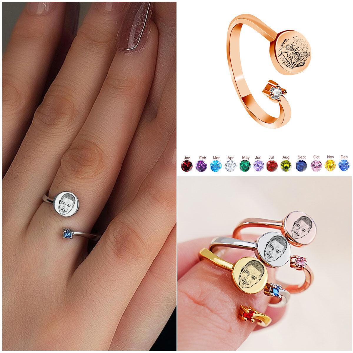 Custom Birthstone & Photo Memorial Ring, Gift For Family & Friend