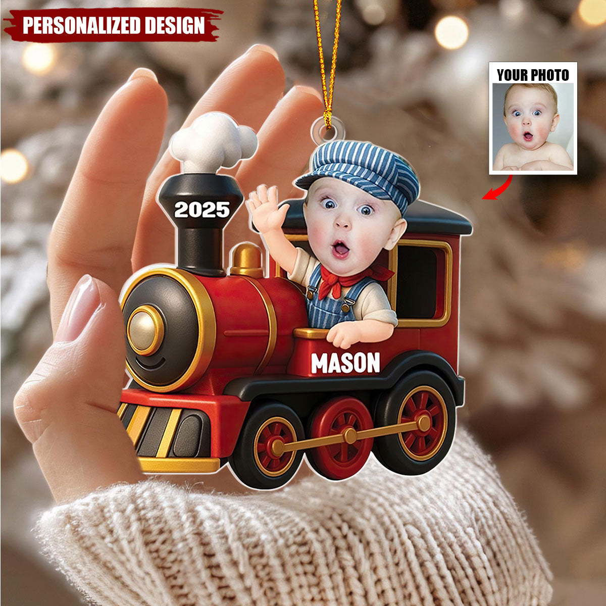 Personalized Custom Photo Kid Railroader Train Christmas Ornament