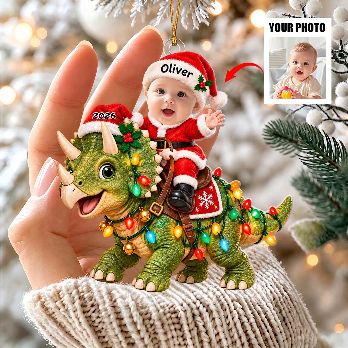 Personalized Baby Dinosaur Christmas Ornament, Custom Name Acrylic Keepsake