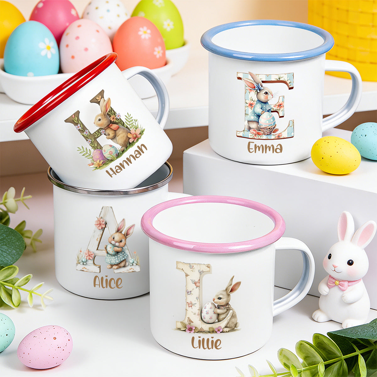Personalized Name Rabbit Floral Letter Wooden Easter Enamel Mug - Children's Easter Gift