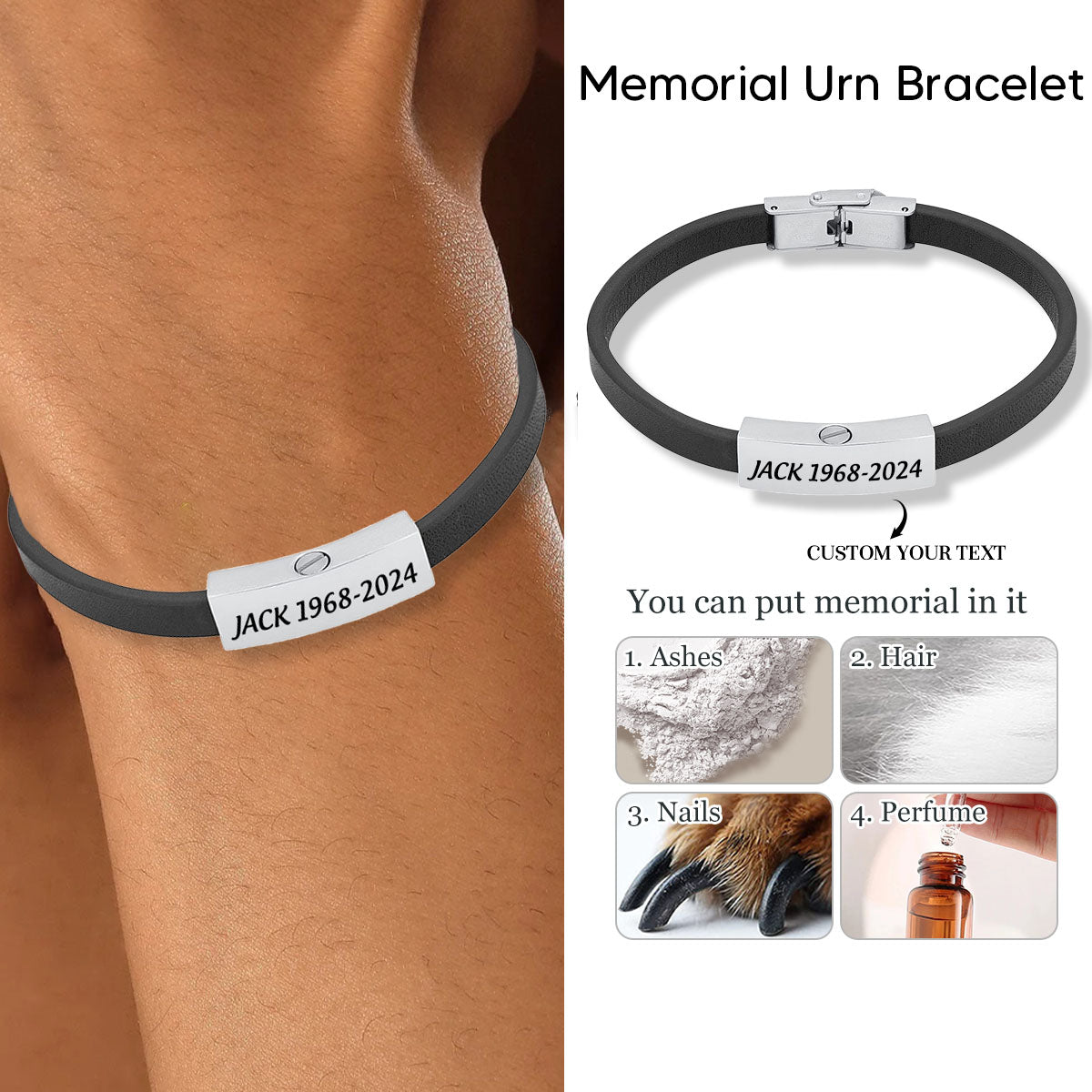 Personalized Customized Cremation Leather Urn Bracelet Keepsake